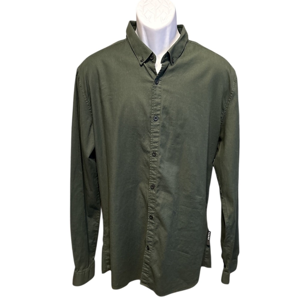 YoungLA Dark Green Long Sleeve Button Up Shirt, 802, Size XXL, Casual Streetwear